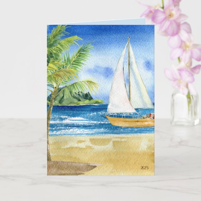 Coastal Beach Ocean Scene with Sailboat Card (Orchid)