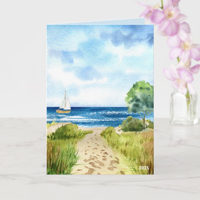 Coastal Beach Ocean Scene with Sailboat Shoreline  Card (Orchid)