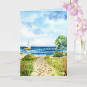 Coastal Beach Ocean Scene with Sailboat Shoreline Card