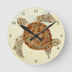 Coastal Beach Ocean Seashore Collage Sea Turtle Round Clock