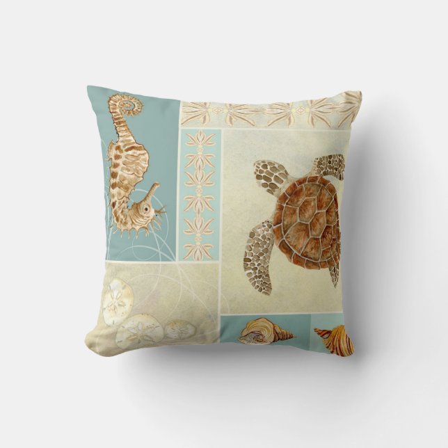 Coastal Beach Ocean Seashore Collage Sea Turtle Throw Pillow (Front)