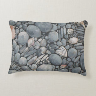 Coastal Beach Pebbles and Shells Painting Print Accent Pillow
