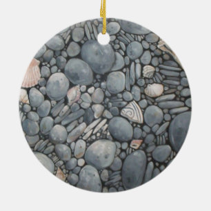 Coastal Beach Pebbles and Shells Painting Print Ceramic Ornament