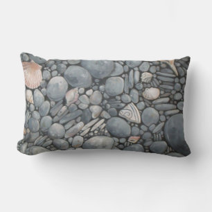 Coastal Beach Pebbles and Shells Painting Print Lumbar Pillow