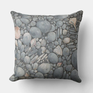 Coastal Beach Pebbles and Shells Painting Print Outdoor Pillow
