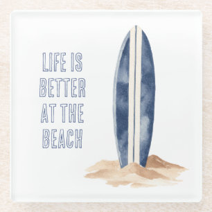Coastal Beach Sand Blue White Surf Board Glass Coaster