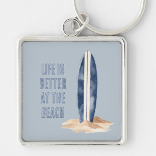 Coastal Beach Sand Blue White Surf Board Keychain