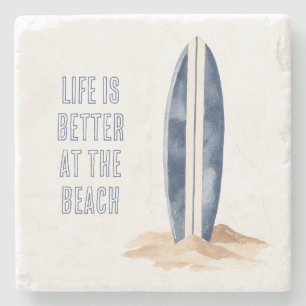 Coastal Beach Sand Blue White Surf Board Stone Coaster
