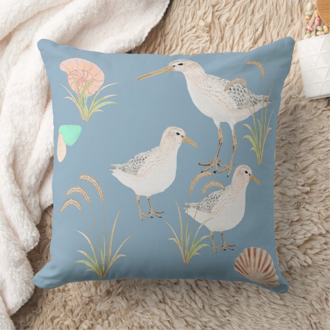 Coastal Beach Sand Pipers Throw Pillow (Blanket)