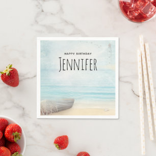 Coastal Beach Scene with a Fishing Boat Birthday Napkin
