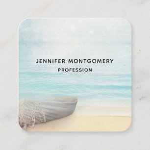 Coastal Beach Scene with a Fishing Boat Business C Square Business Card
