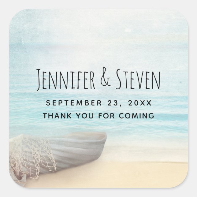 Coastal Beach Scene with a Fishing Boat Thank You  Square Sticker (Front)