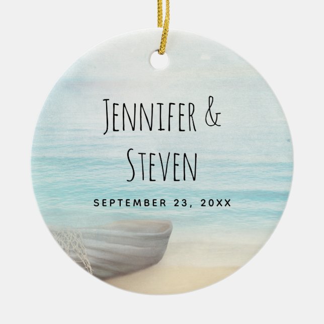 Coastal Beach Scene with a Fishing Boat Wedding Ceramic Ornament (Front)