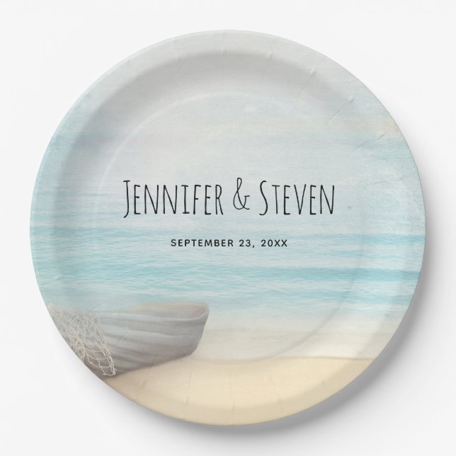 Coastal Beach Scene with a Fishing Boat Wedding Paper Plate (Front)