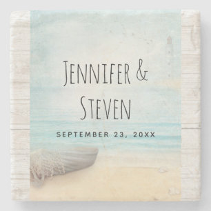 Coastal Beach Scene with a Fishing Boat Wedding Stone Coaster