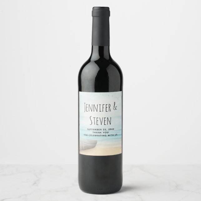 Coastal Beach Scene with a Fishing Boat Wedding Wine Label (Front)