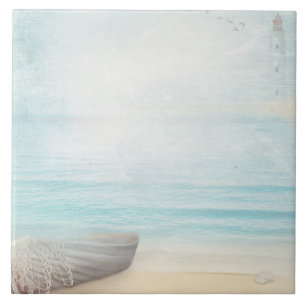 Coastal Beach Scene with Wooden Rowboat Tile