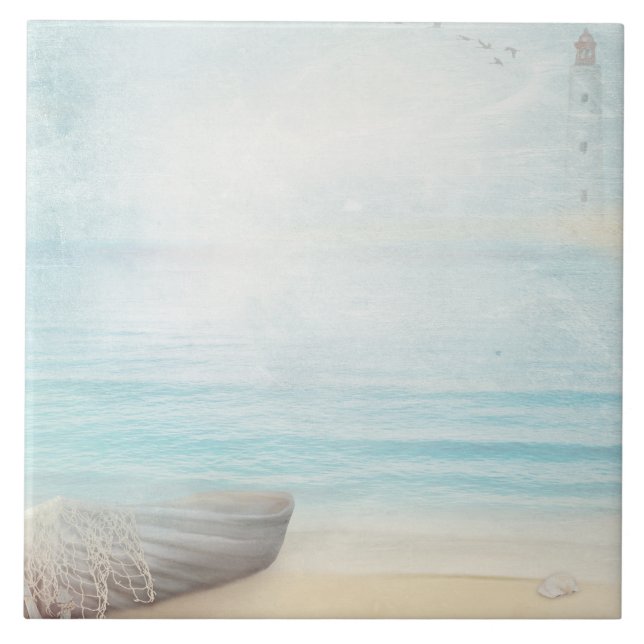 Coastal Beach Scene with Wooden Rowboat Tile (Front)