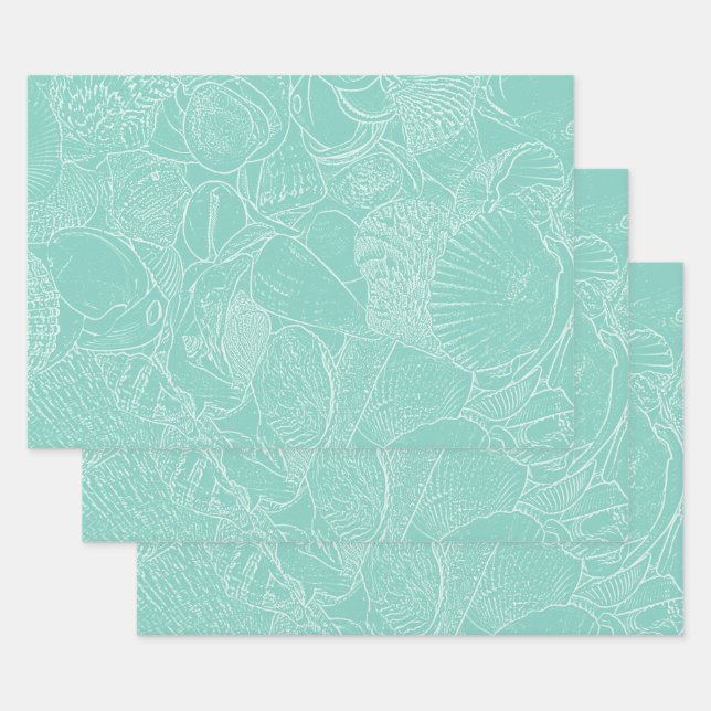 Coastal Beach Sea Shell Teal Green White Decoupage Wrapping Paper Sheet (Set)