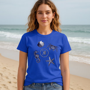 Coastal Beach Seahorse Starfish Crab Monogram T-Shirt