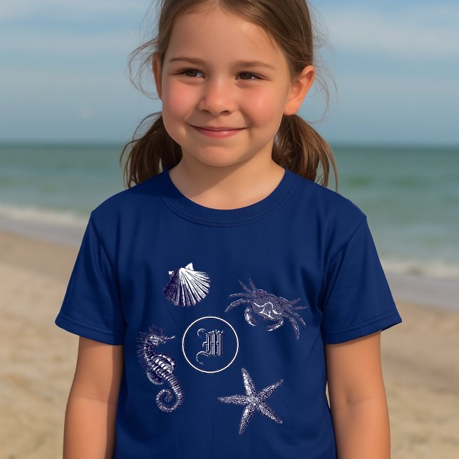 Coastal  Beach Seahorse Starfish Crab  Monogram T-Shirt (Creator Uploaded)