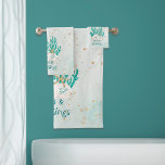 Coastal Beach SEAS & GREETINGS Turquoise Glitter Bath Towel Set<br><div class="desc">Coastal, beach or tropical Christmas holiday towel set to decorate your bathroom or guest bath. The design features SEAS AND GREETINGS in modern calligraphy script typography in turquoise, aqua and teal watercolor with coral, starfish and sand dollars accented with faux glitter. ASSISTANCE: For help with design modification or personalization, colour...</div>