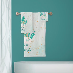 Coastal Beach SEAS & GREETINGS Turquoise Glitter Bath Towel Set