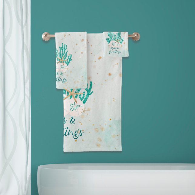 Coastal Beach SEAS & GREETINGS Turquoise Glitter Bath Towel Set (Creator Uploaded)