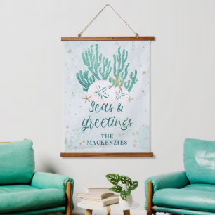 Coastal Beach SEAS & GREETINGS Turquoise Glitter Hanging Tapestry