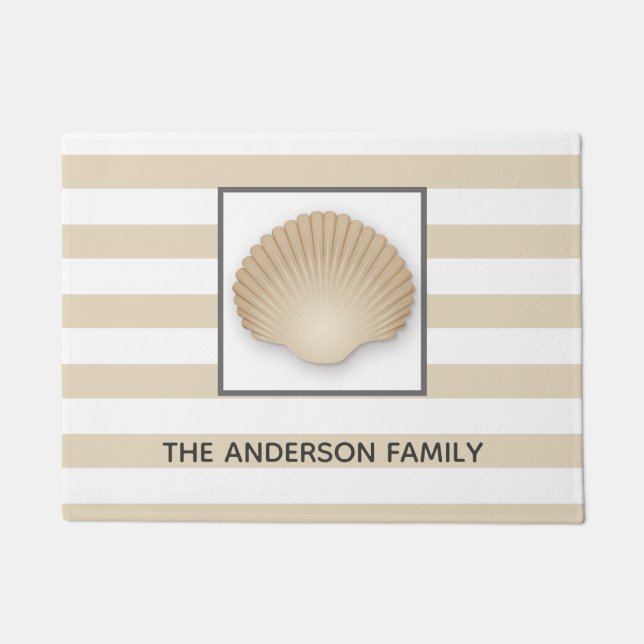Coastal Beach Seashell, Stripes, & Family Name Doormat (Front)