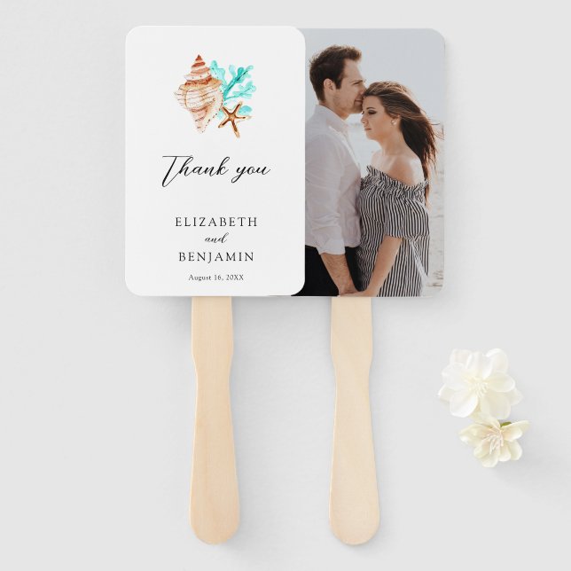 Coastal Beach Seashell Thank you Wedding Photo Hand Fan (Front and Back)