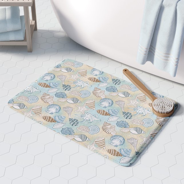 Coastal Beach Seashells Pattern Aqua Blue Sand Bath Mat (Creator Uploaded)