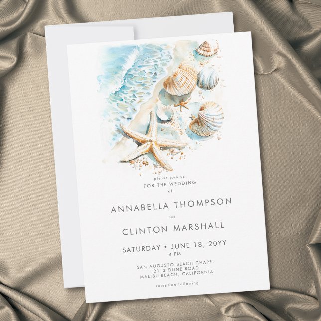 Coastal Beach Shell Modern Watercolor Wedding Invitation (Coastal Beach Shell Modern Watercolor Wedding Invitation)