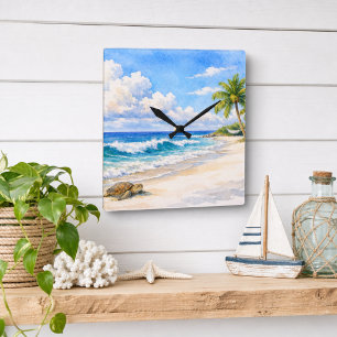 Coastal Beach Square Ocean Art Wall Clock