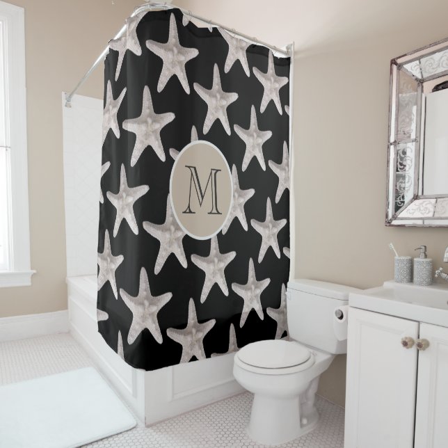Coastal Beach Starfish Black Beige Monogram (In Situ)