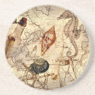 Coastal beach starfish seashell Nautical Map Coaster