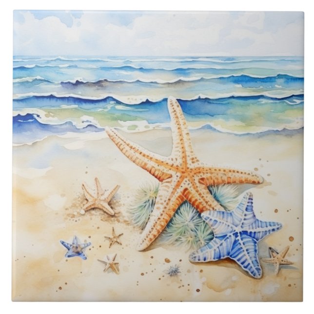 Coastal Beach Starfish Watercolor Tile (Front)