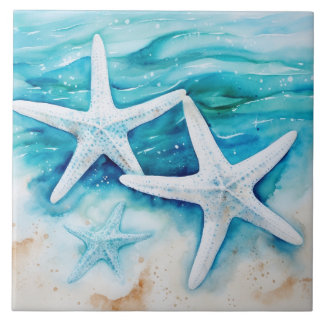 Coastal Beach Starfish Watercolor Tile