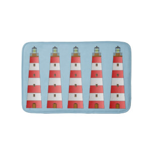 Coastal Beach Striped Lighthouse on Blue Bath Mat