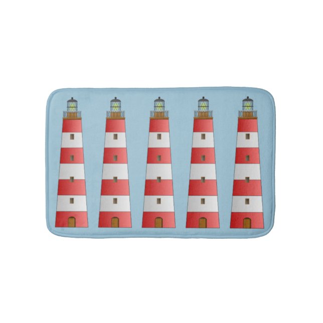 Coastal Beach Striped Lighthouse on Blue Bath Mat (Front)