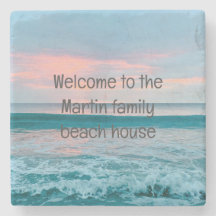 Coastal beach sunrise blue coaster personalized