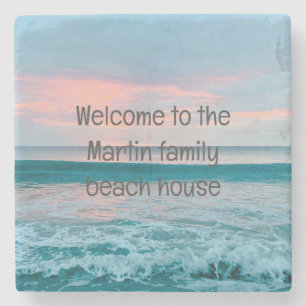Coastal beach sunrise blue coaster personalized