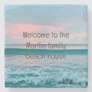 Coastal beach sunrise blue coaster personalized