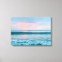Coastal beach sunrise blue pink green canvas art
