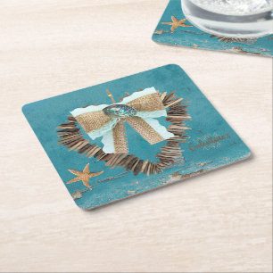 Coastal Beach Theme Driftwood Heart Valentine Day  Square Paper Coaster