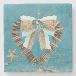 Coastal Beach Theme Driftwood Heart Valentine Day  Stone Coaster