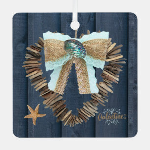 Coastal Beach Theme Driftwood Heart Valentines Day Metal Ornament