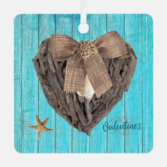 Coastal Beach Theme Driftwood Heart Valentines Day Metal Ornament (Front)