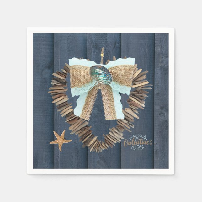 Coastal Beach Theme Driftwood Heart Valentines Day Napkin (Front)