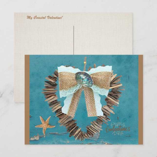Coastal Beach Theme Driftwood Heart Valentines Day Postcard (Front/Back)